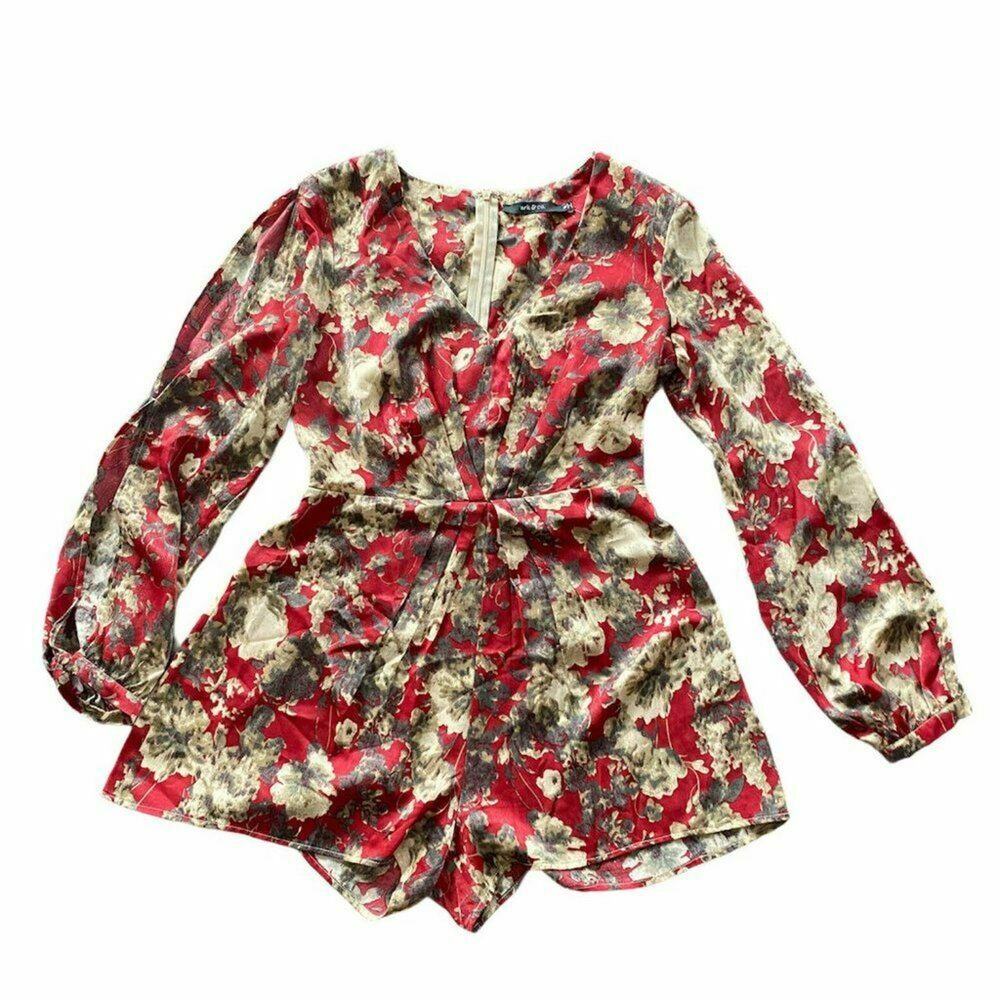 Ark & Co ivory Burgundy Floral Jumpsuit Long Sleeve Wrap Front Size Mediun boho